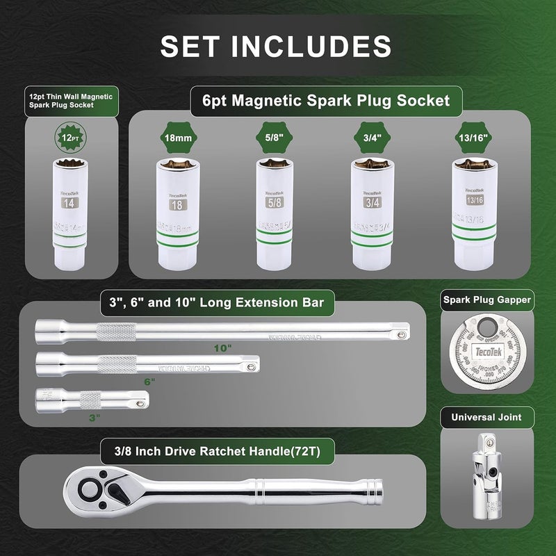 TecoTek 11-Piece Magnetic Spark Plug Socket Set with 3/8" Drive Ratchet Handle, Spark Plug Gapper, Universal Joint and Extension Bar, 5/8", 3/4", 13/16", 14mm, 18mm - Image 2